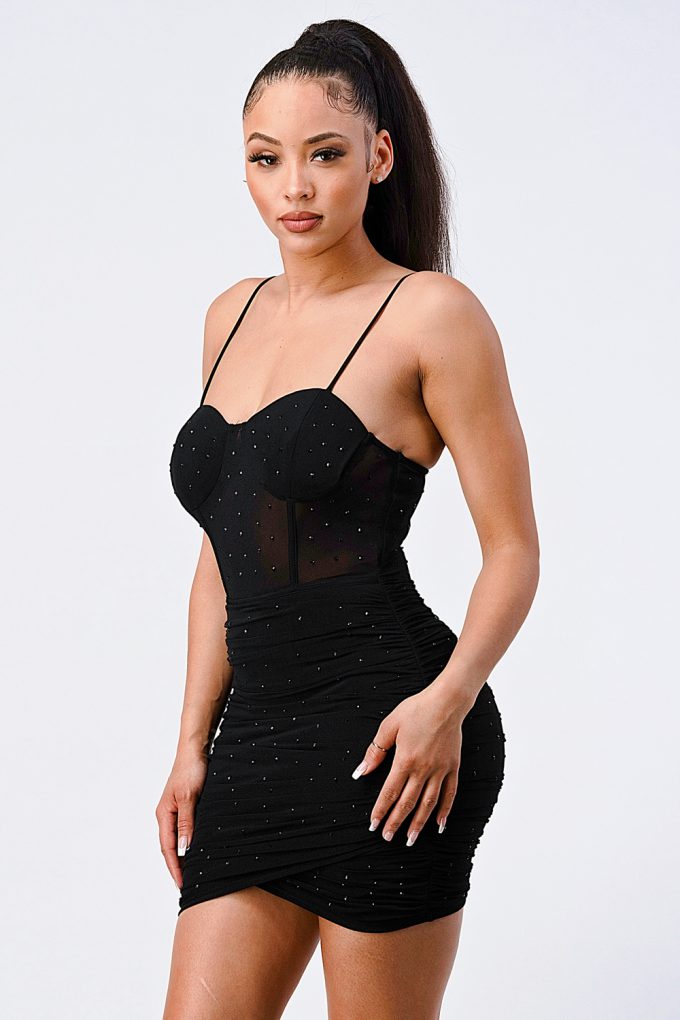 Glitter Front Mesh Ribbed Cami Mini Dress