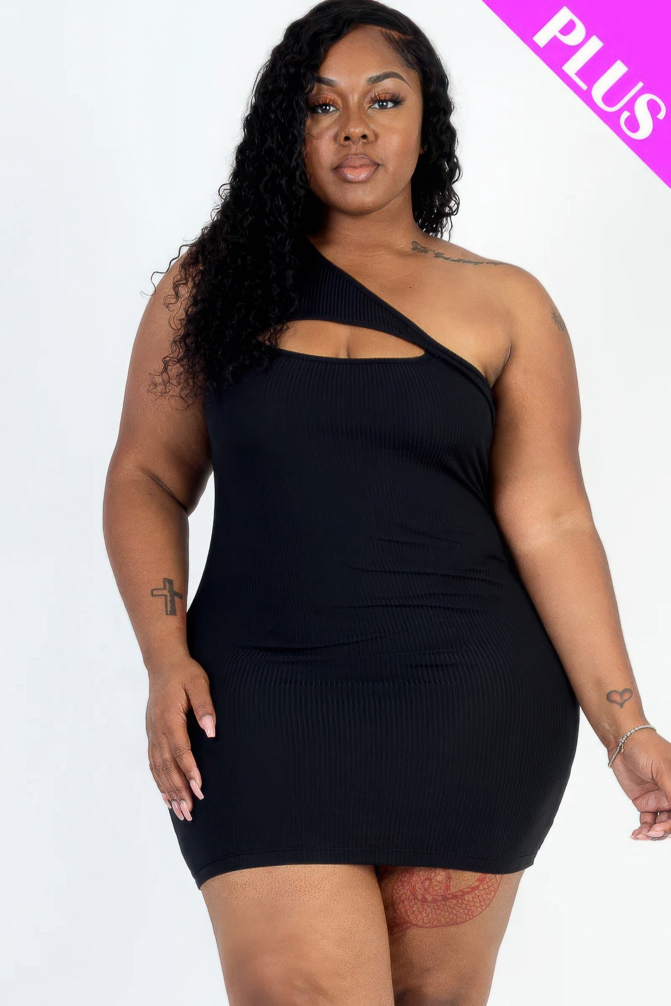 Ribbed One Shoulder Mini Bodycon Dress(plus)