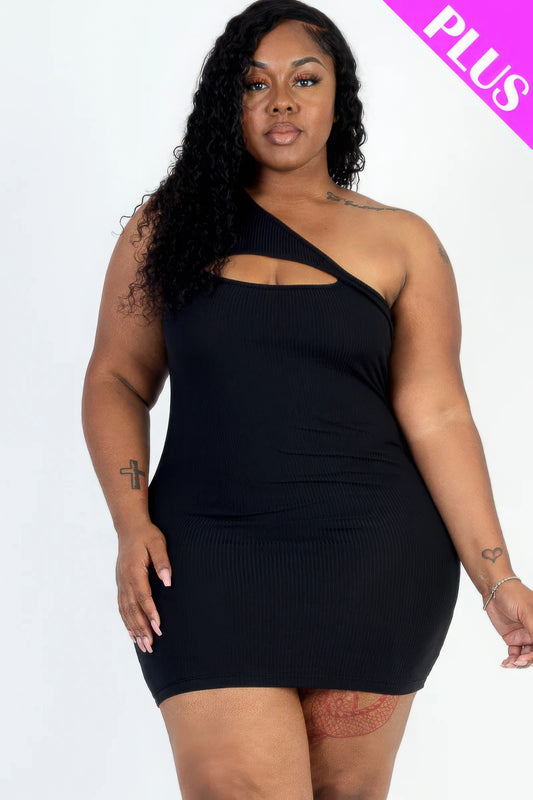 Ribbed One Shoulder Mini Bodycon Dress(plus)