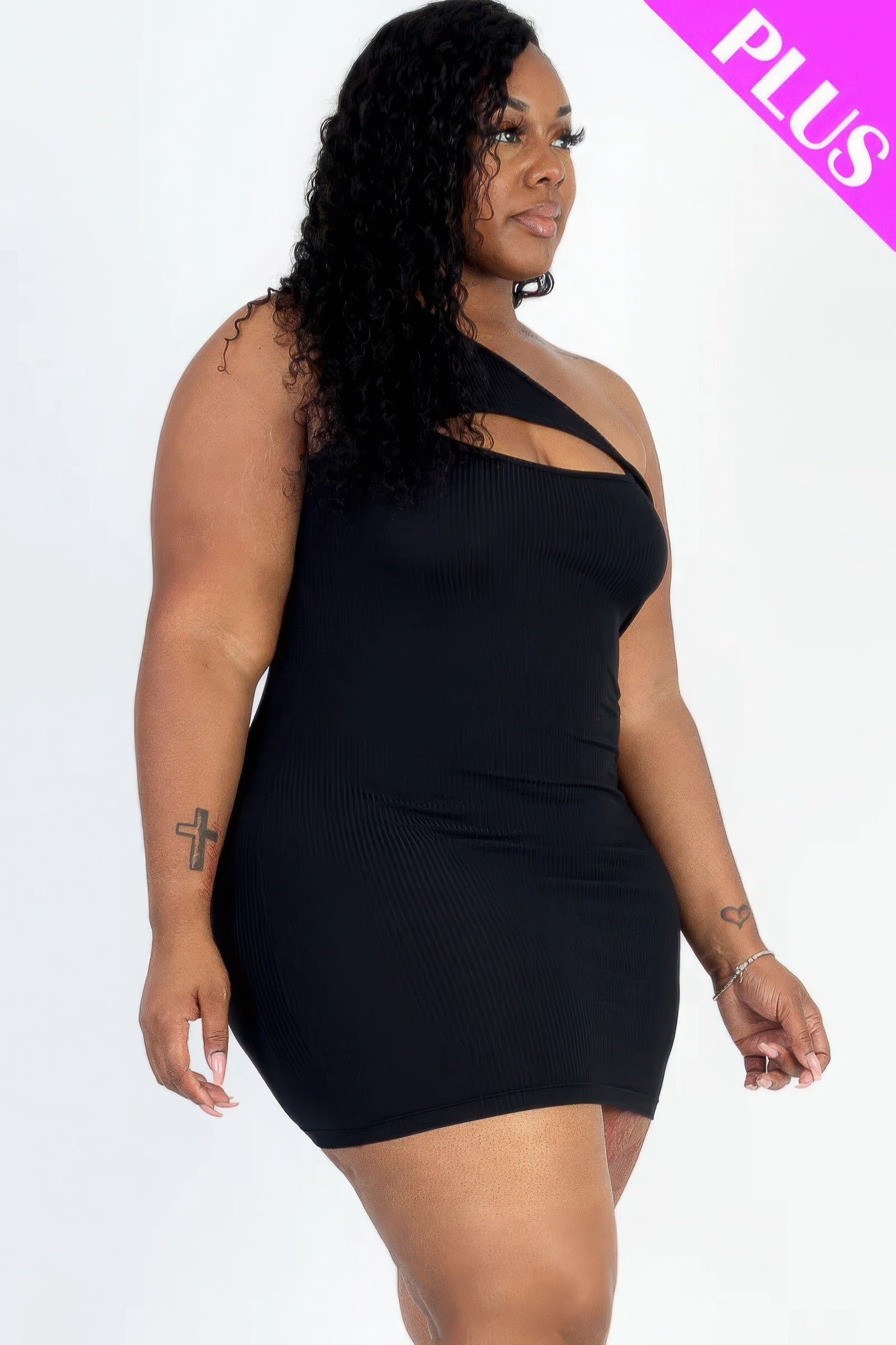 Ribbed One Shoulder Mini Bodycon Dress(plus)