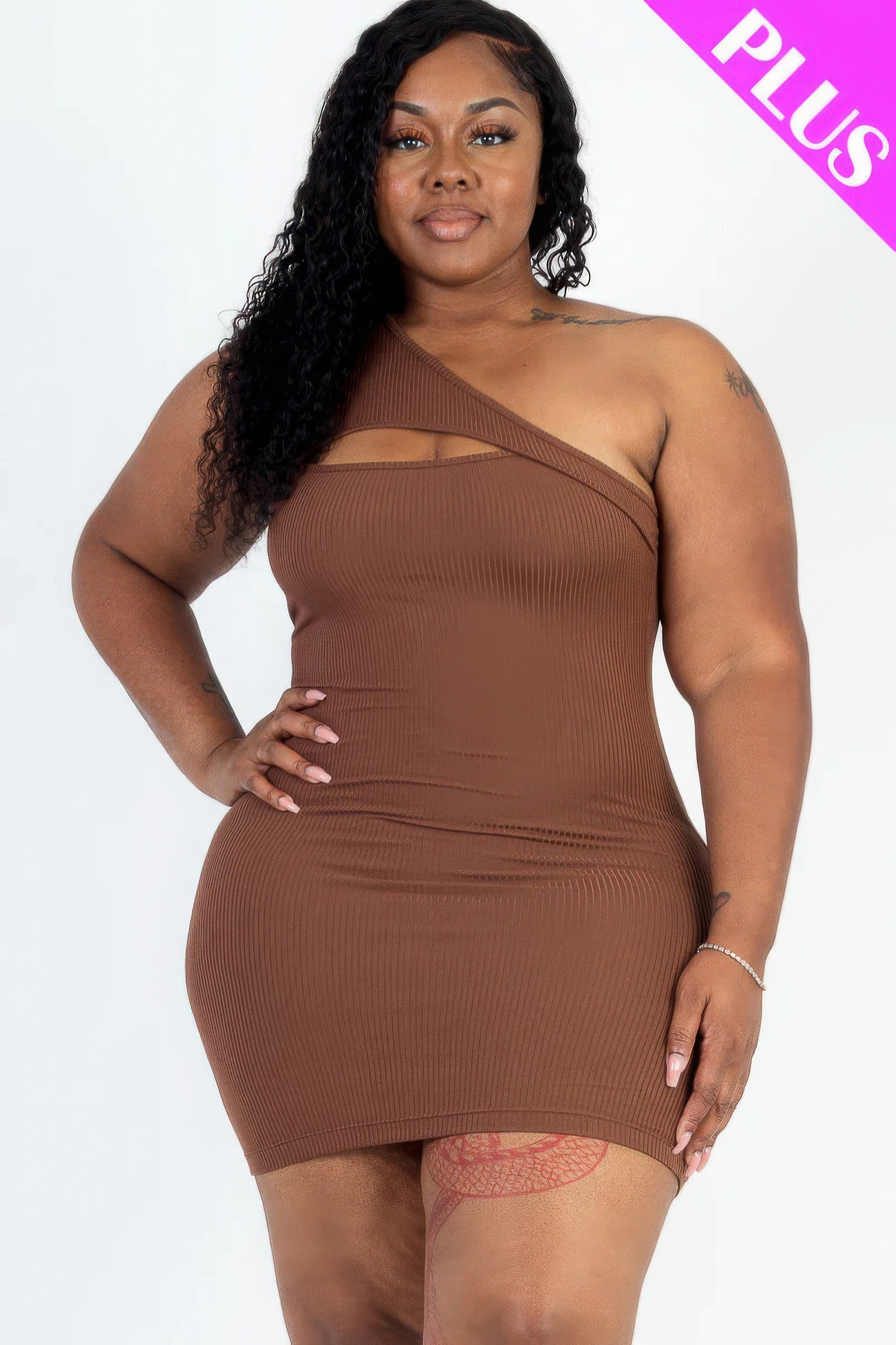Ribbed One Shoulder Mini Bodycon Dress(plus)