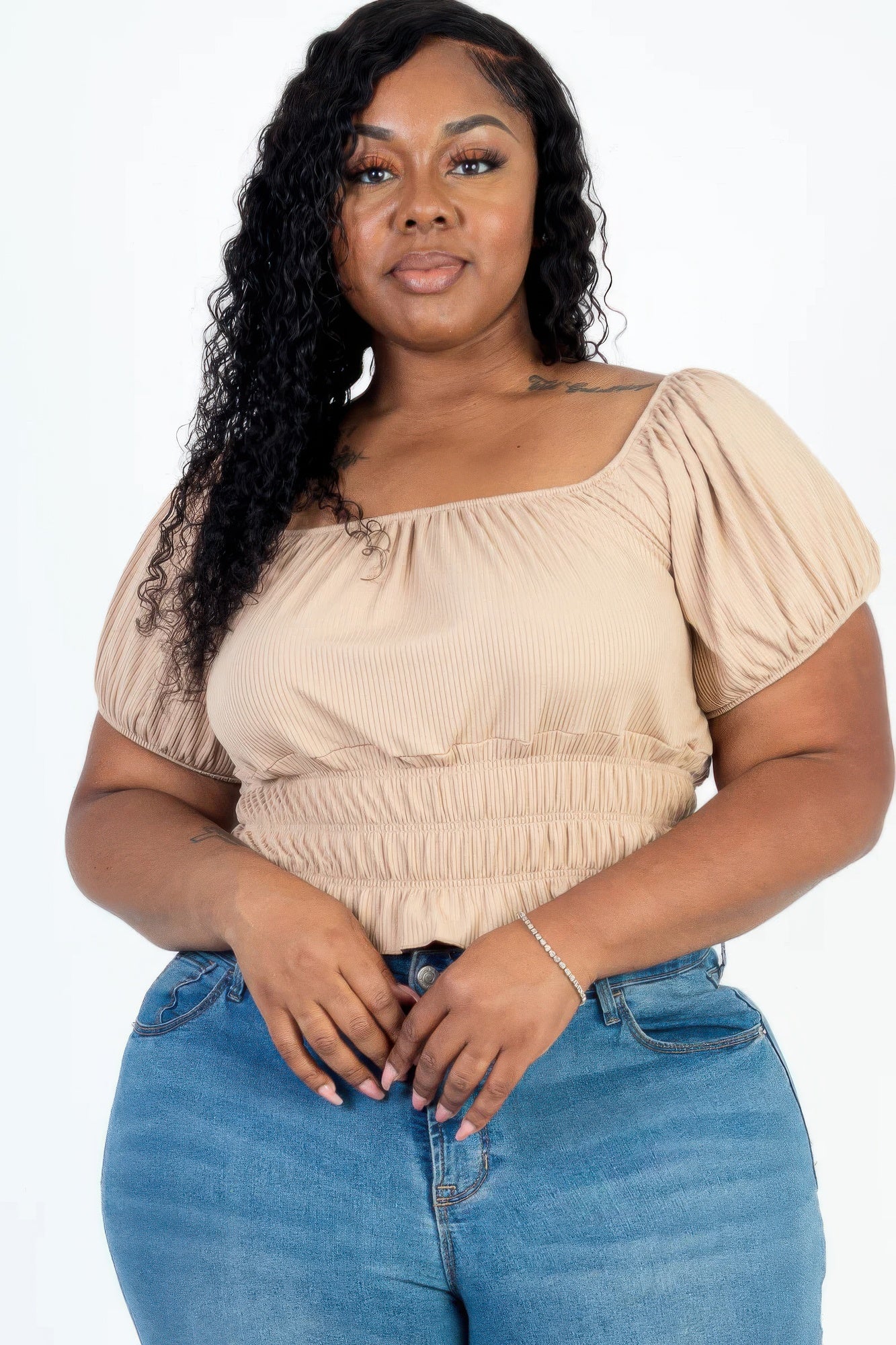 ruched puff sleeve ribbed top(plus)
