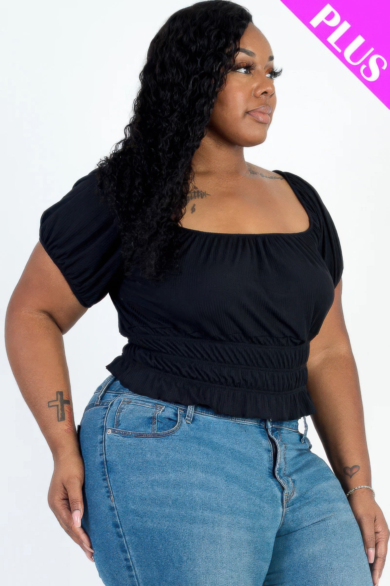 ruched puff sleeve ribbed top(plus)