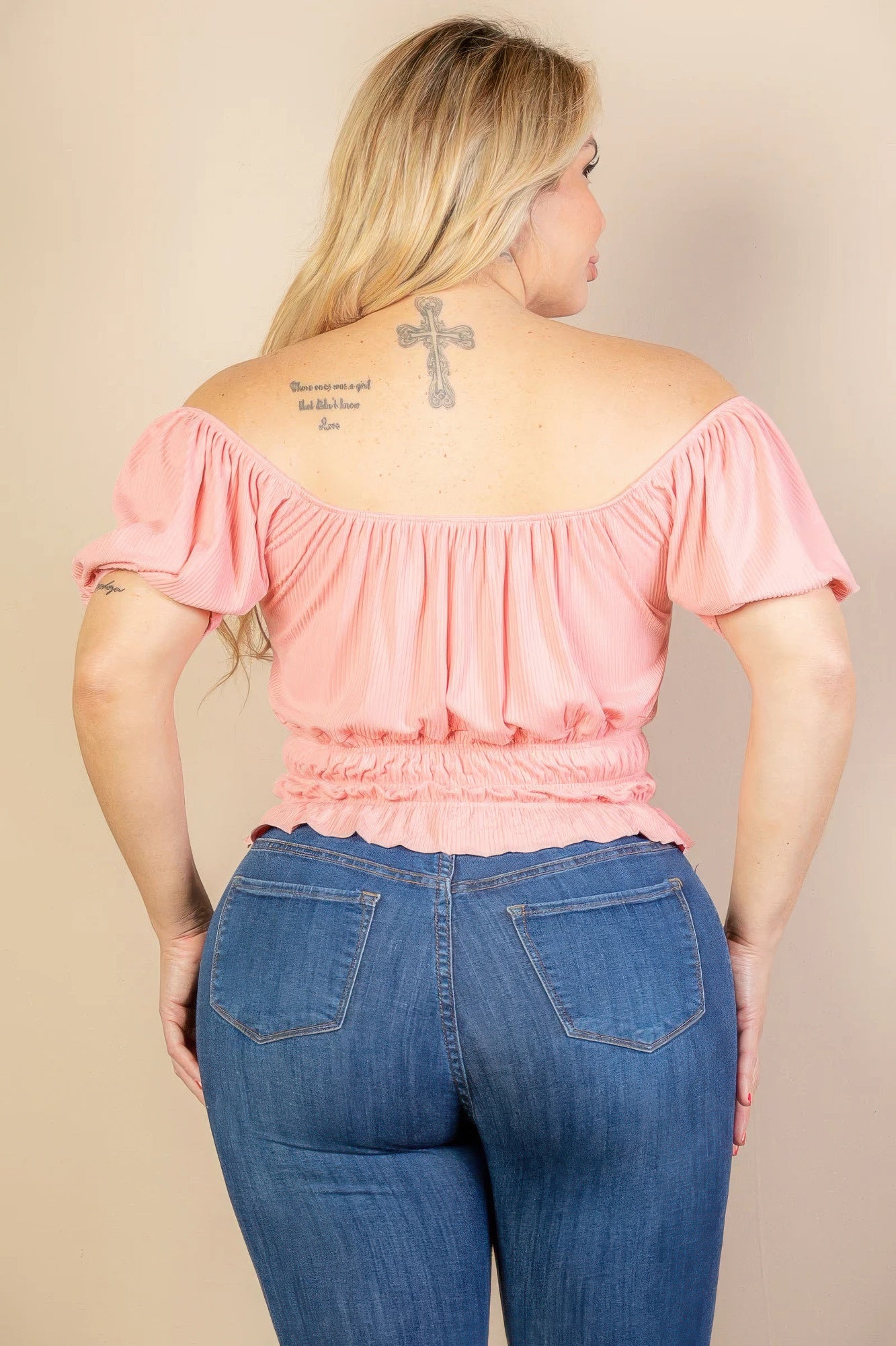 ruched puff sleeve ribbed top(plus)