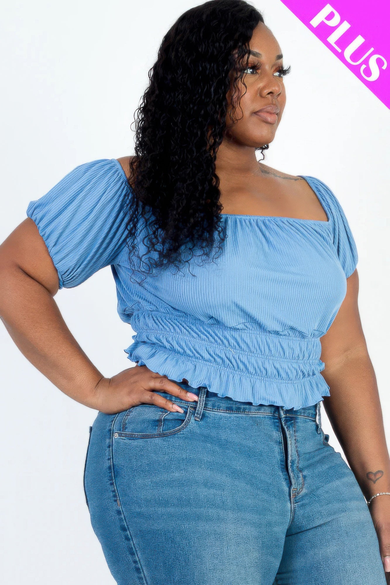 ruched puff sleeve ribbed top(plus)