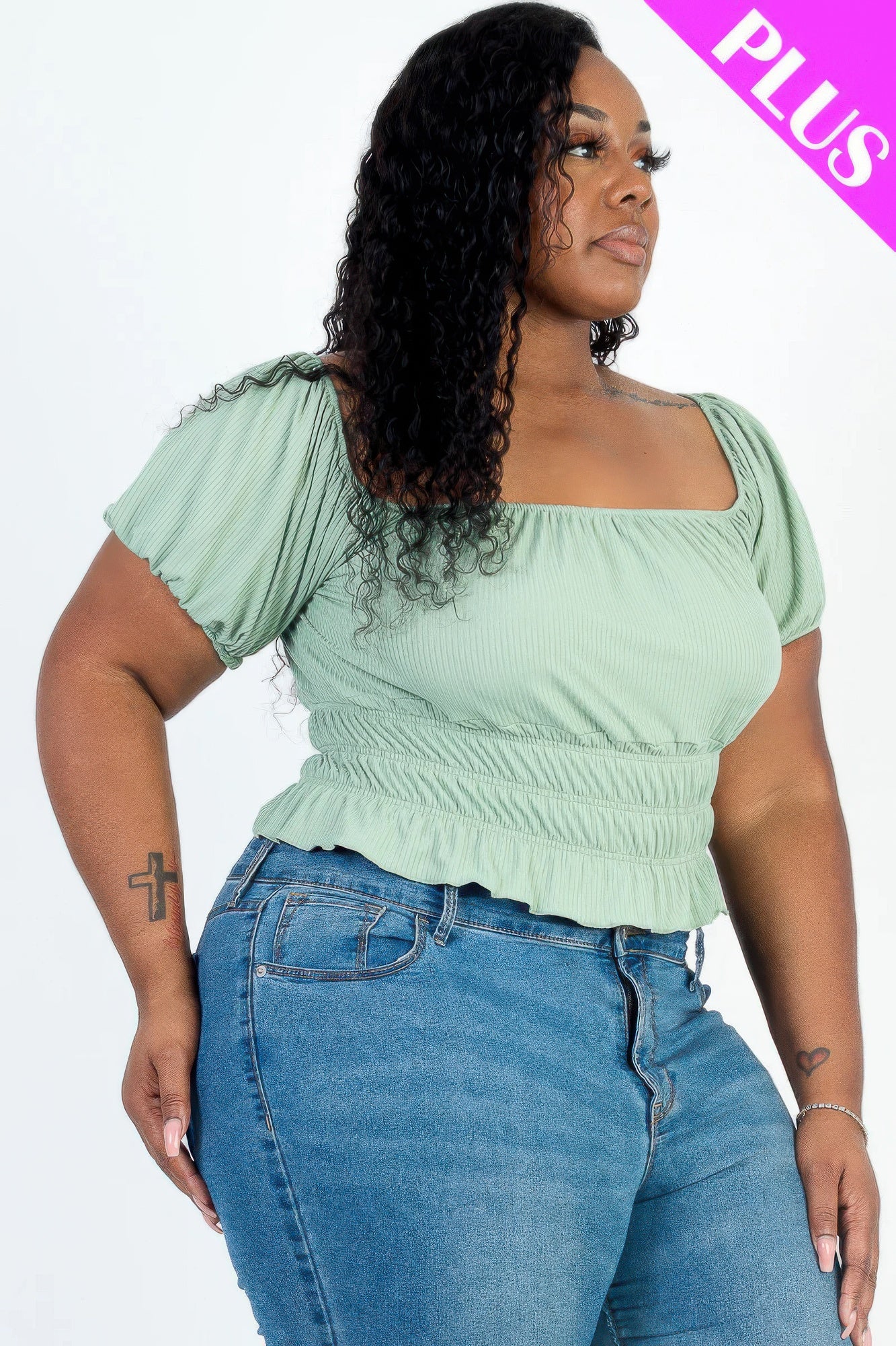 ruched puff sleeve ribbed top(plus)