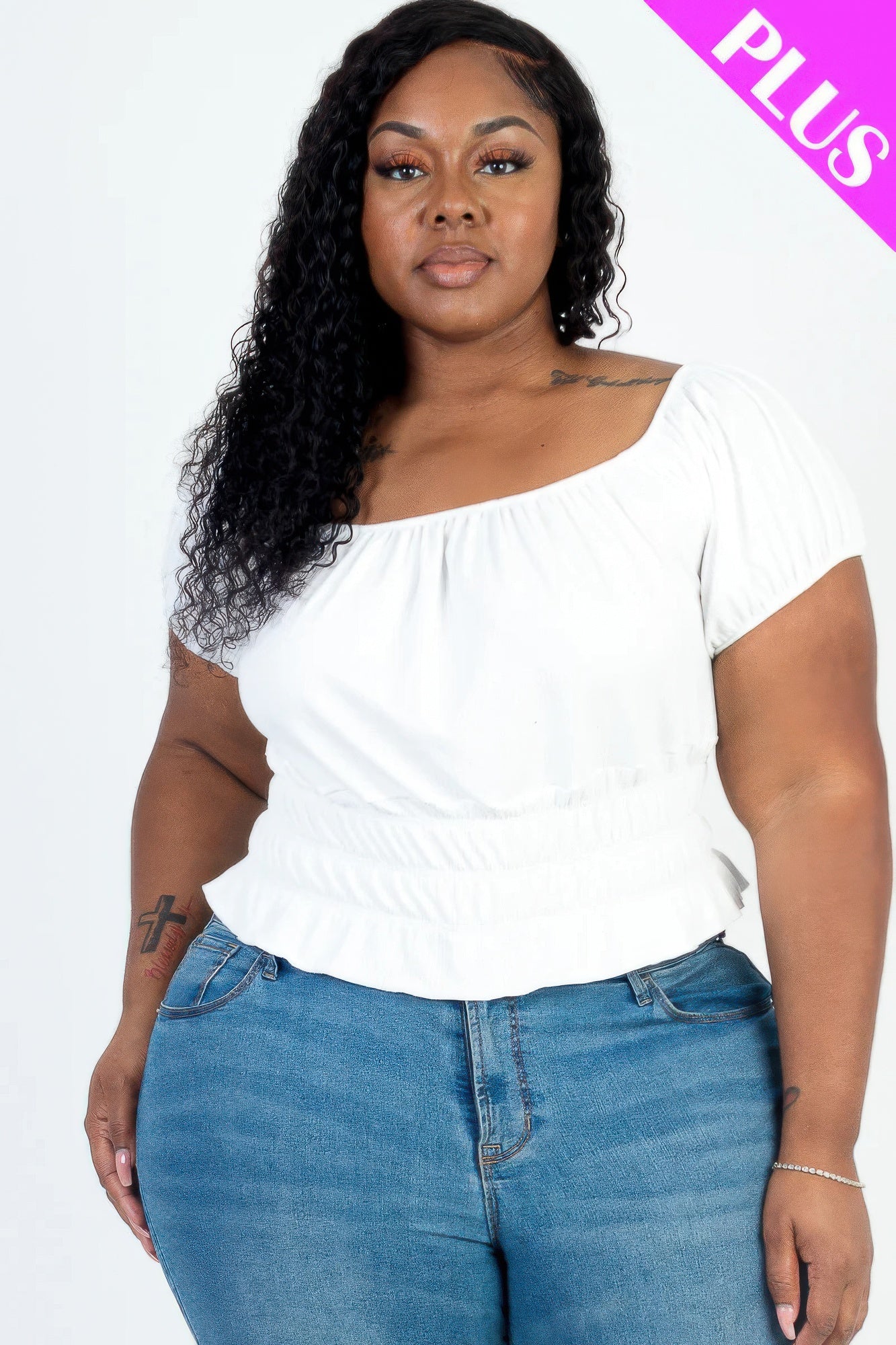 ruched puff sleeve ribbed top(plus)