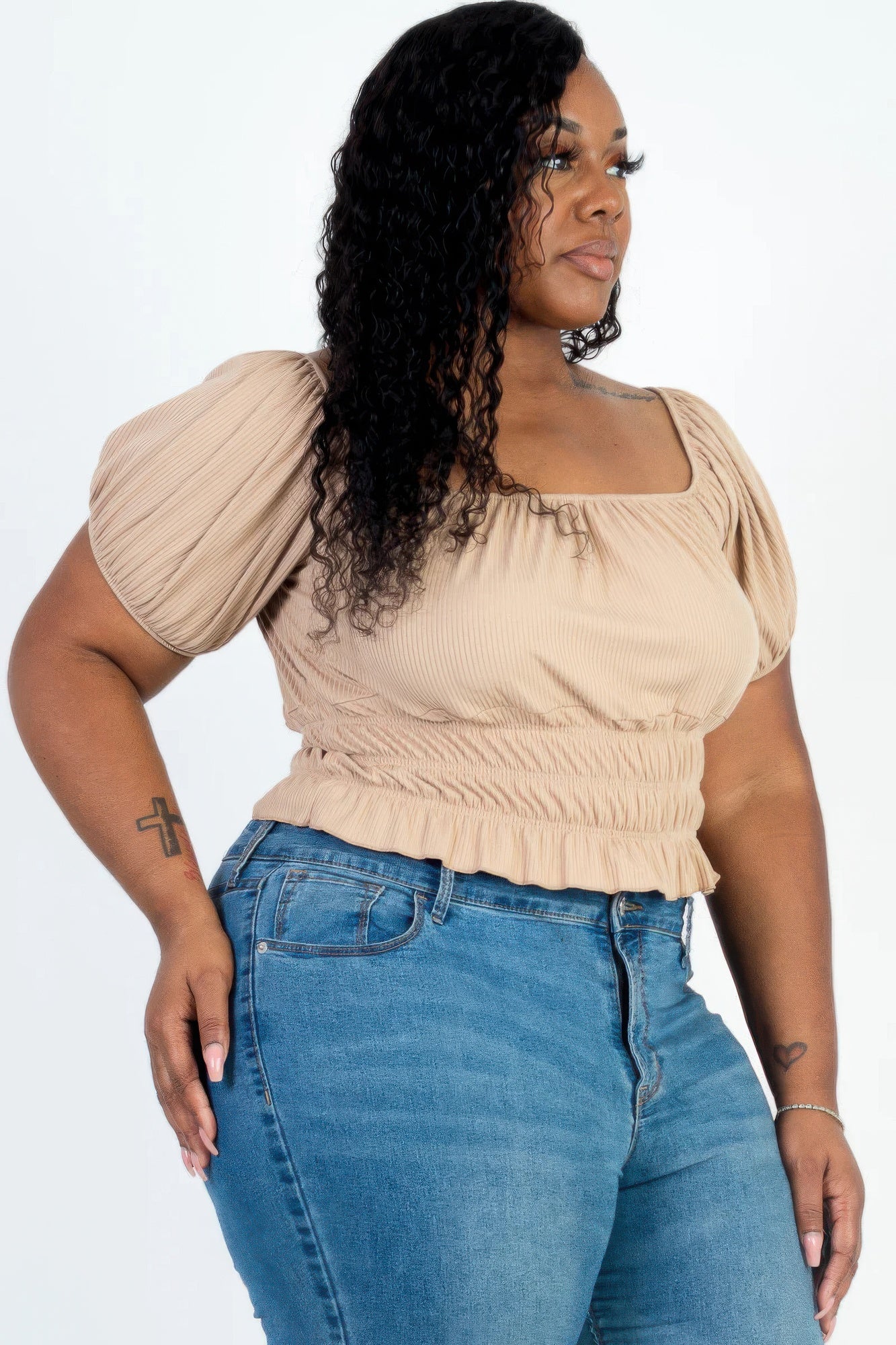 ruched puff sleeve ribbed top(plus)