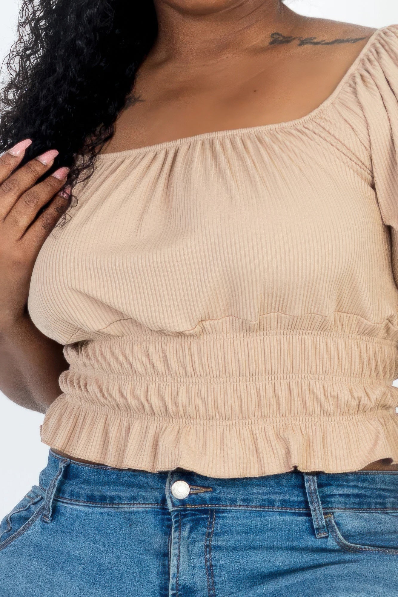 ruched puff sleeve ribbed top(plus)