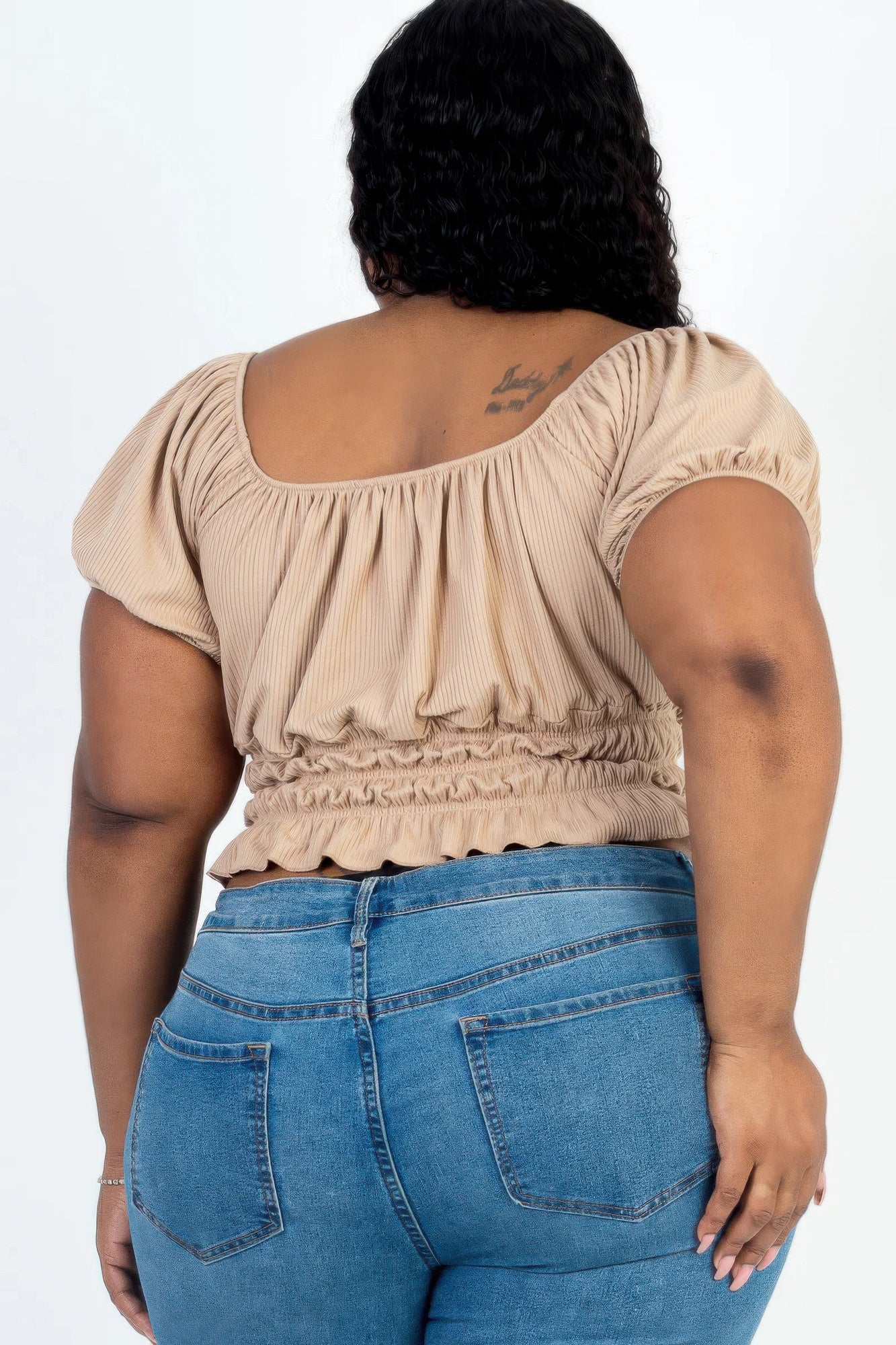 ruched puff sleeve ribbed top(plus)