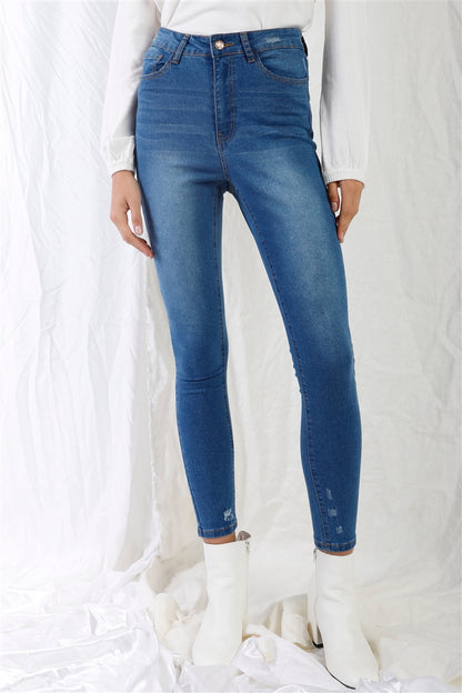 Mid Blue High-waisted Ripped Skinny Jeans