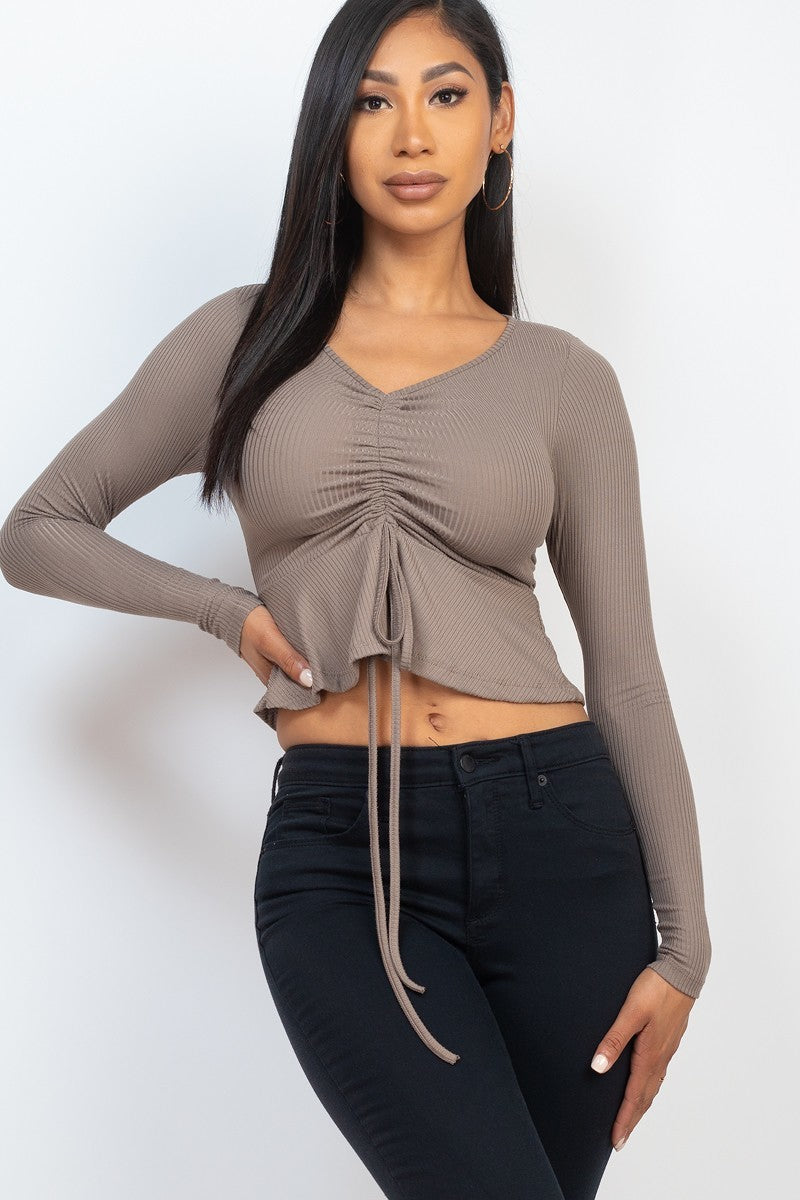 Ribbed Drawstring Long Sleeve Top