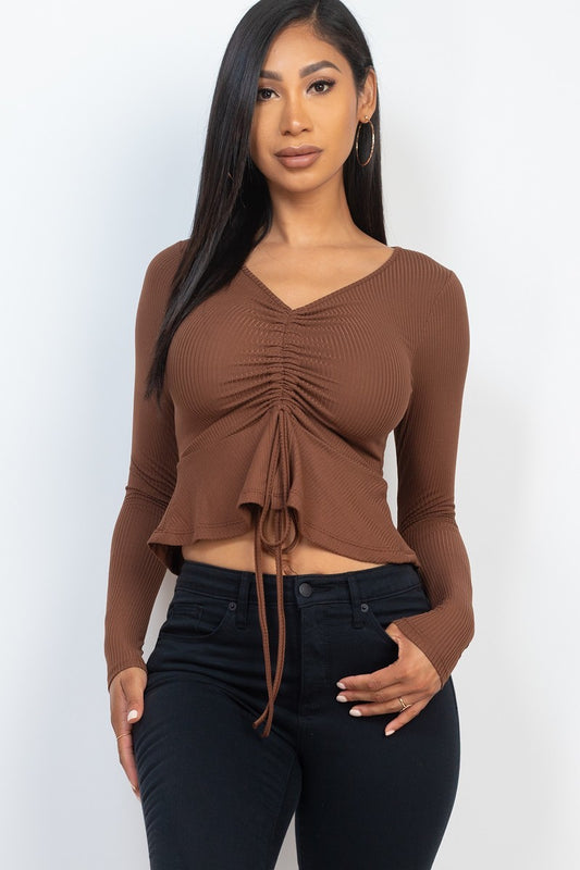 Ribbed Drawstring Long Sleeve Top