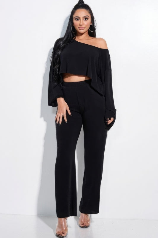 Long Sleeve Top And Pants With Pockets Two Piece Set