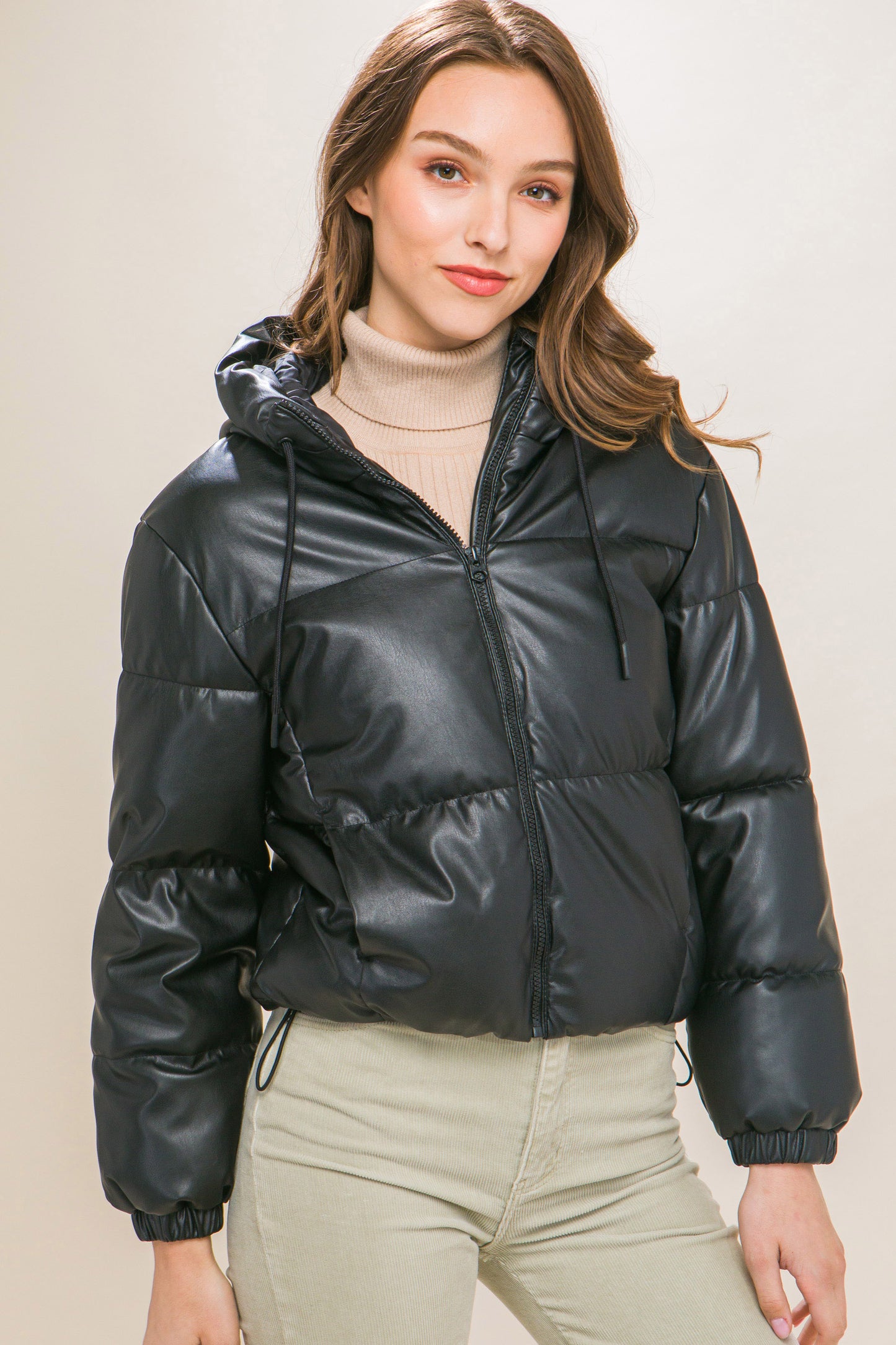 Faux Leather Hooded Puffer Jacket