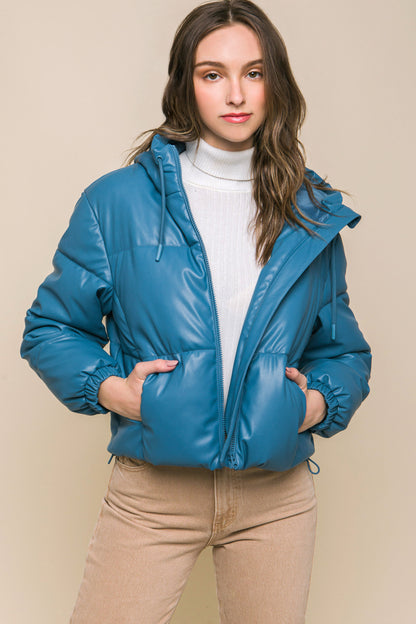 Faux Leather Hooded Puffer Jacket