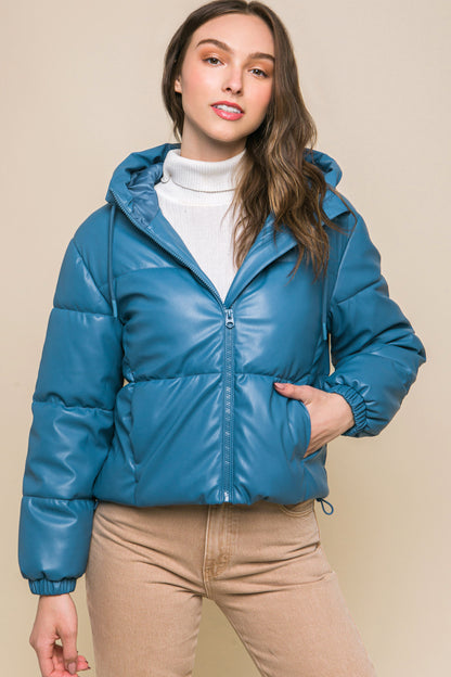 Faux Leather Hooded Puffer Jacket