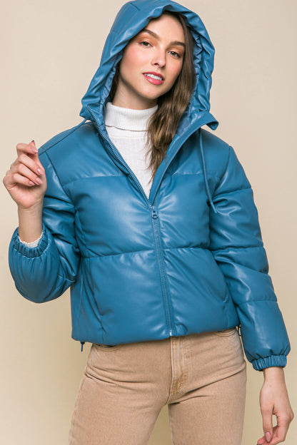 Faux Leather Hooded Puffer Jacket