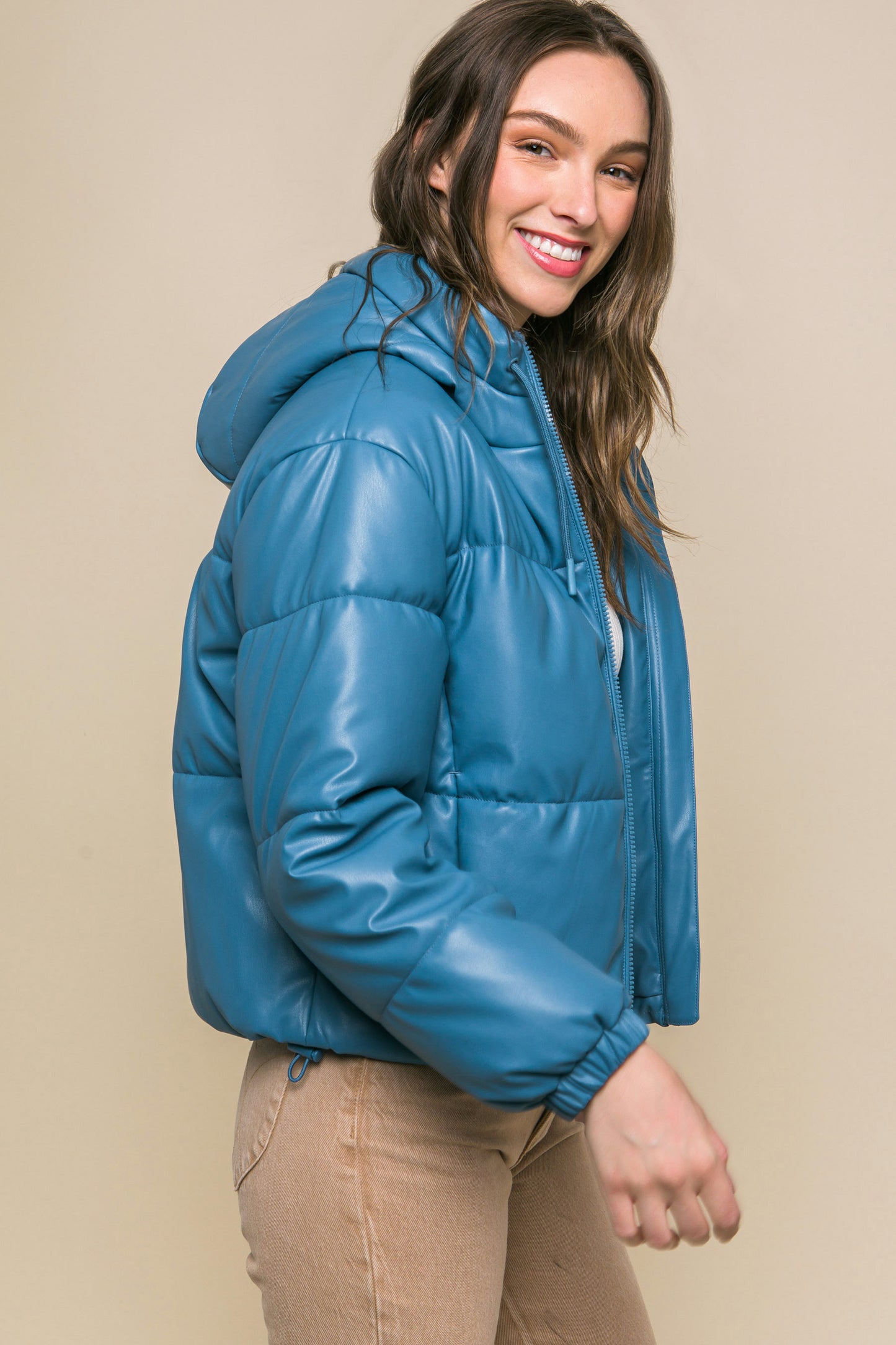 Faux Leather Hooded Puffer Jacket