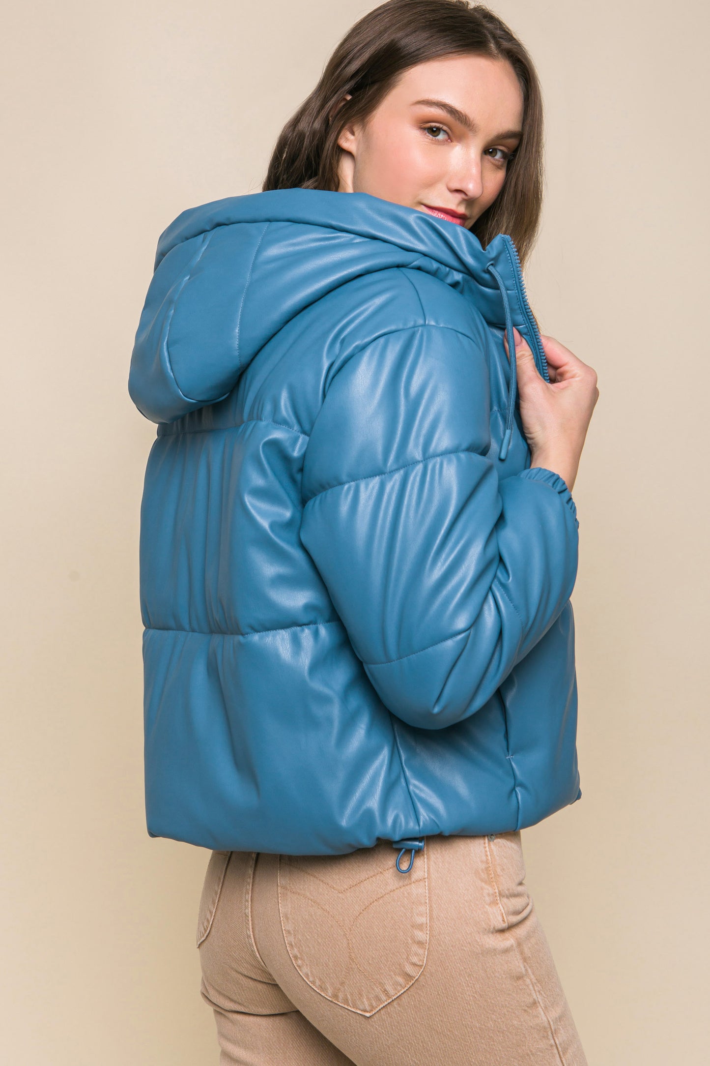 Faux Leather Hooded Puffer Jacket