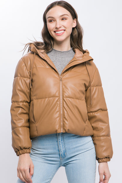 Faux Leather Hooded Puffer Jacket