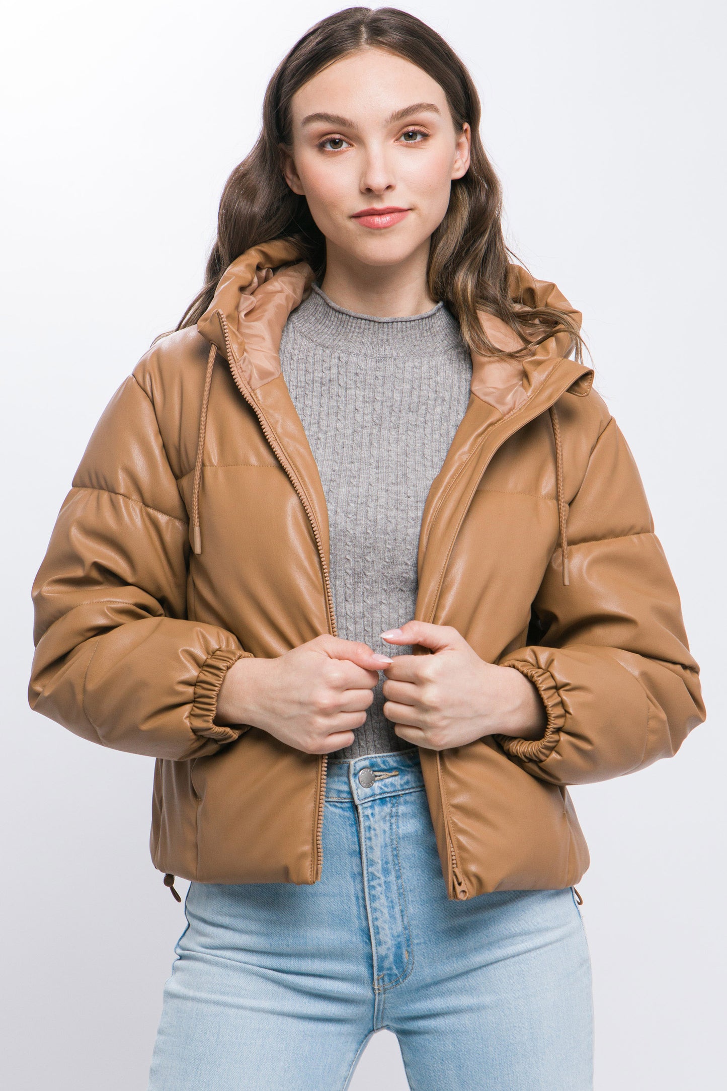 Faux Leather Hooded Puffer Jacket