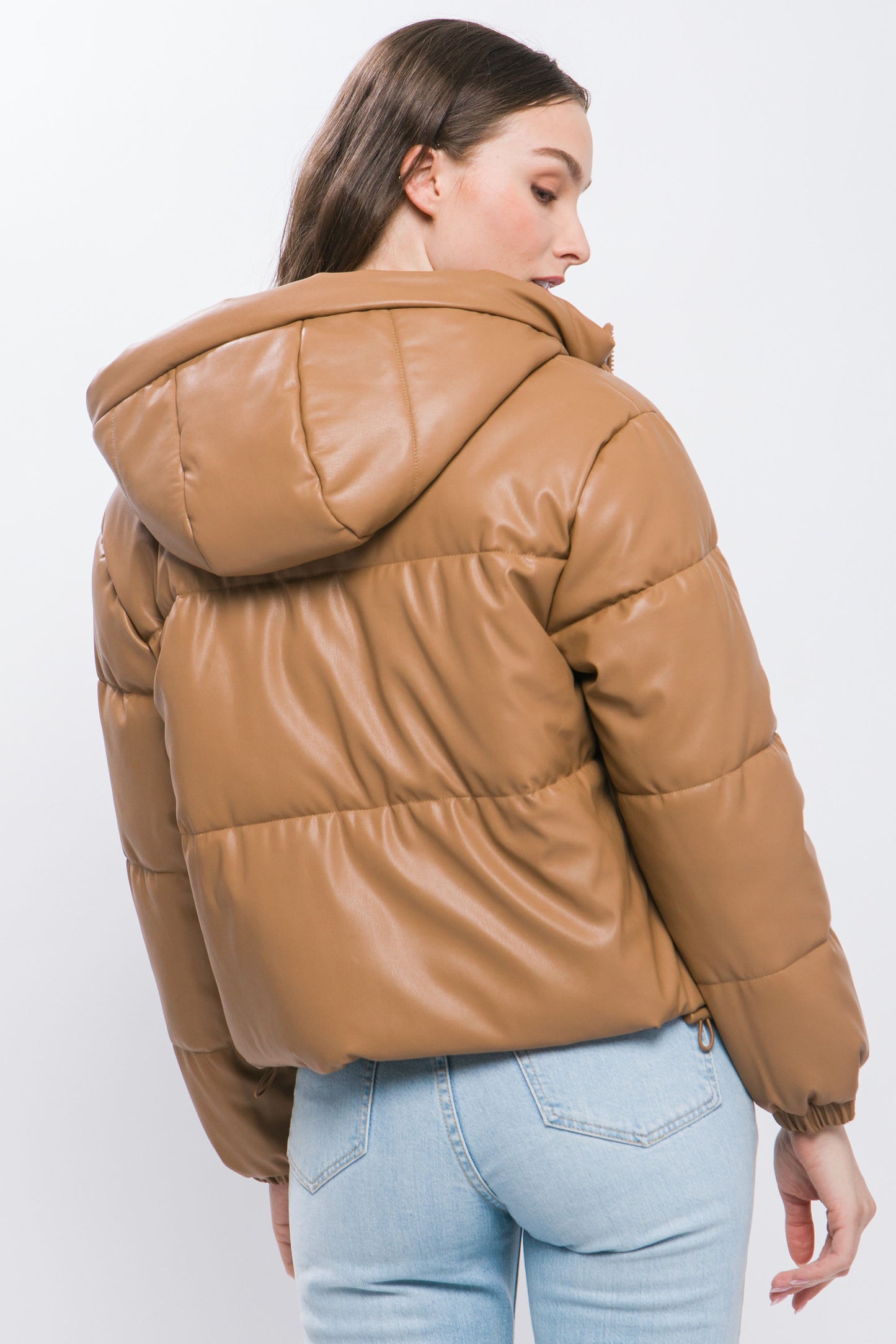 Faux Leather Hooded Puffer Jacket