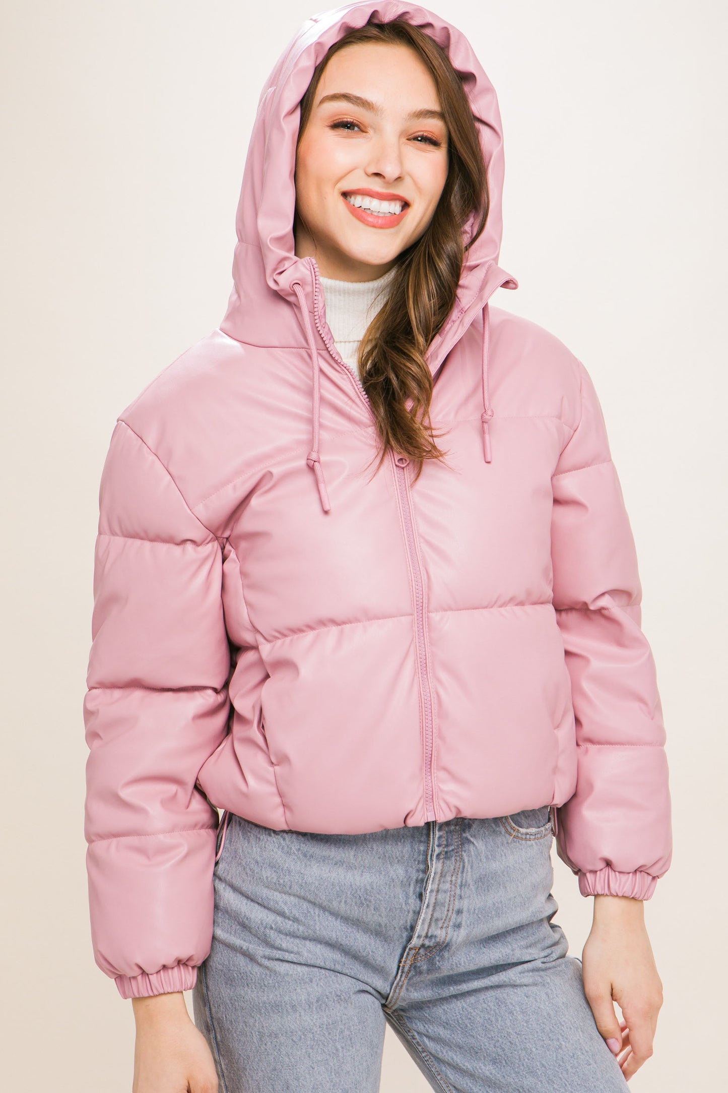 Faux Leather Hooded Puffer Jacket