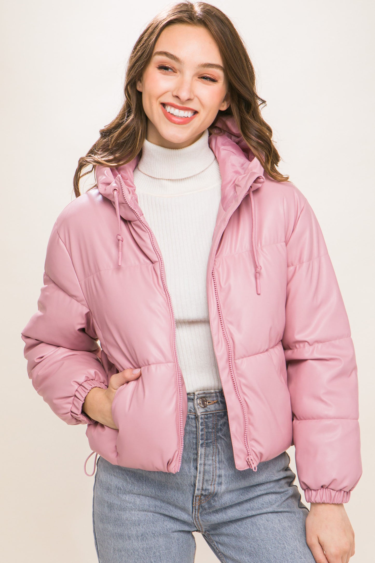 Faux Leather Hooded Puffer Jacket