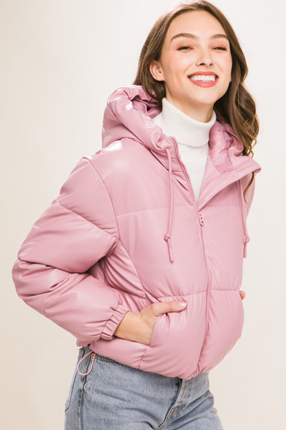 Faux Leather Hooded Puffer Jacket