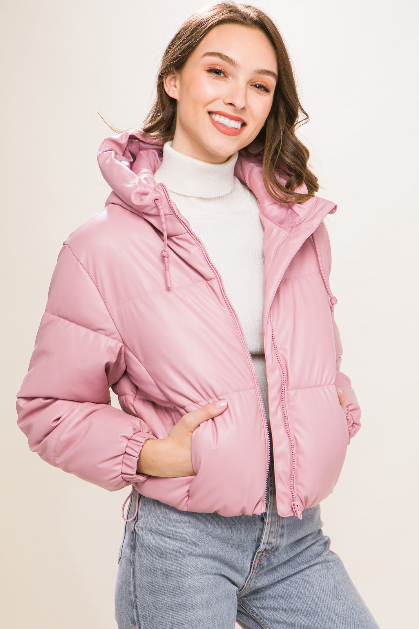 Faux Leather Hooded Puffer Jacket