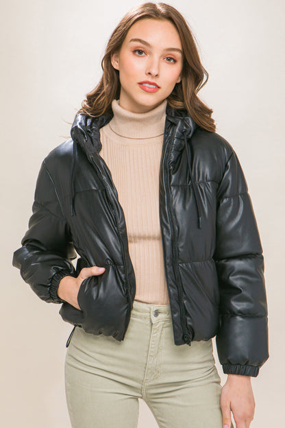 Faux Leather Hooded Puffer Jacket