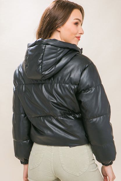 Faux Leather Hooded Puffer Jacket