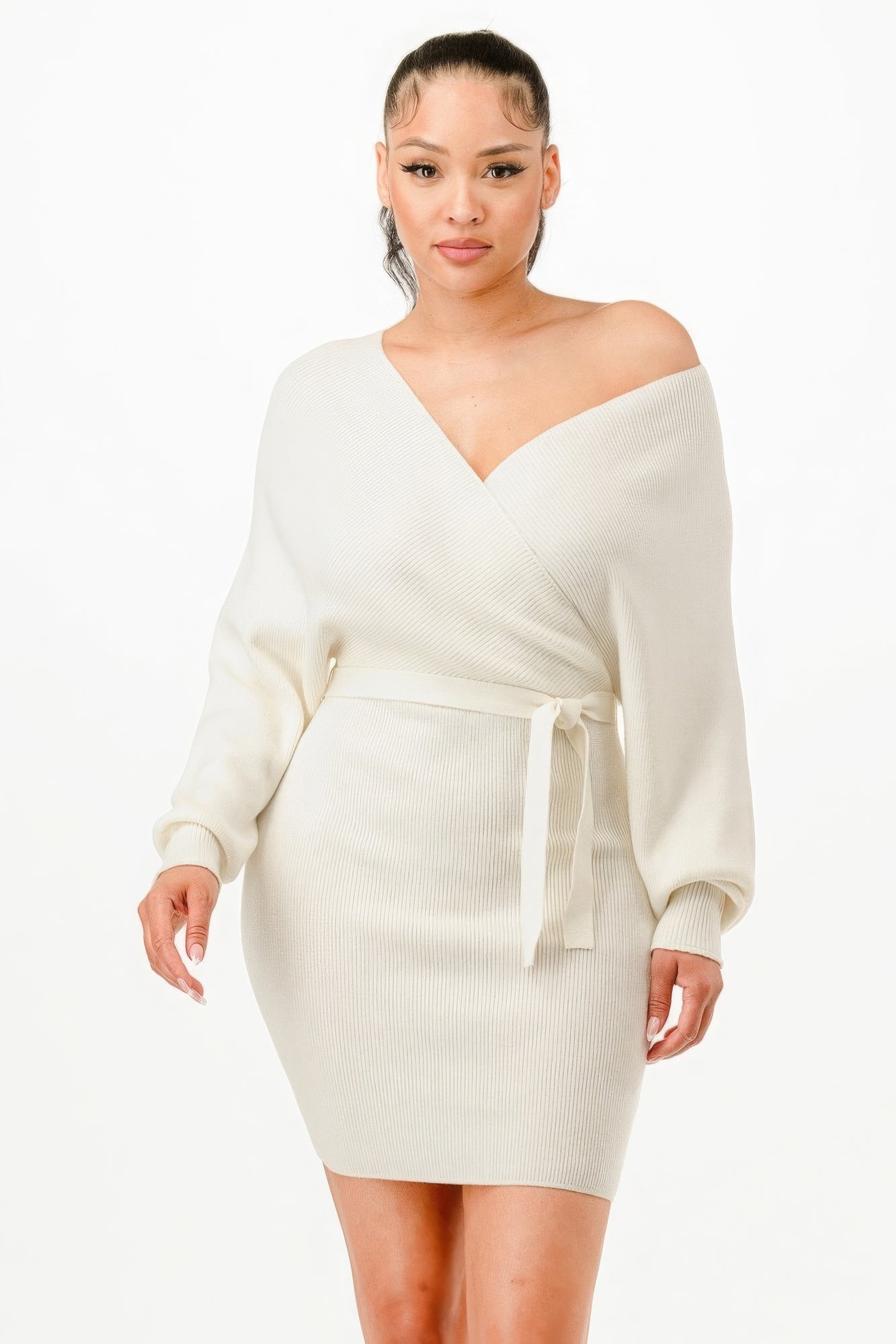 Off Shoulder Ribbed Sweather Dress