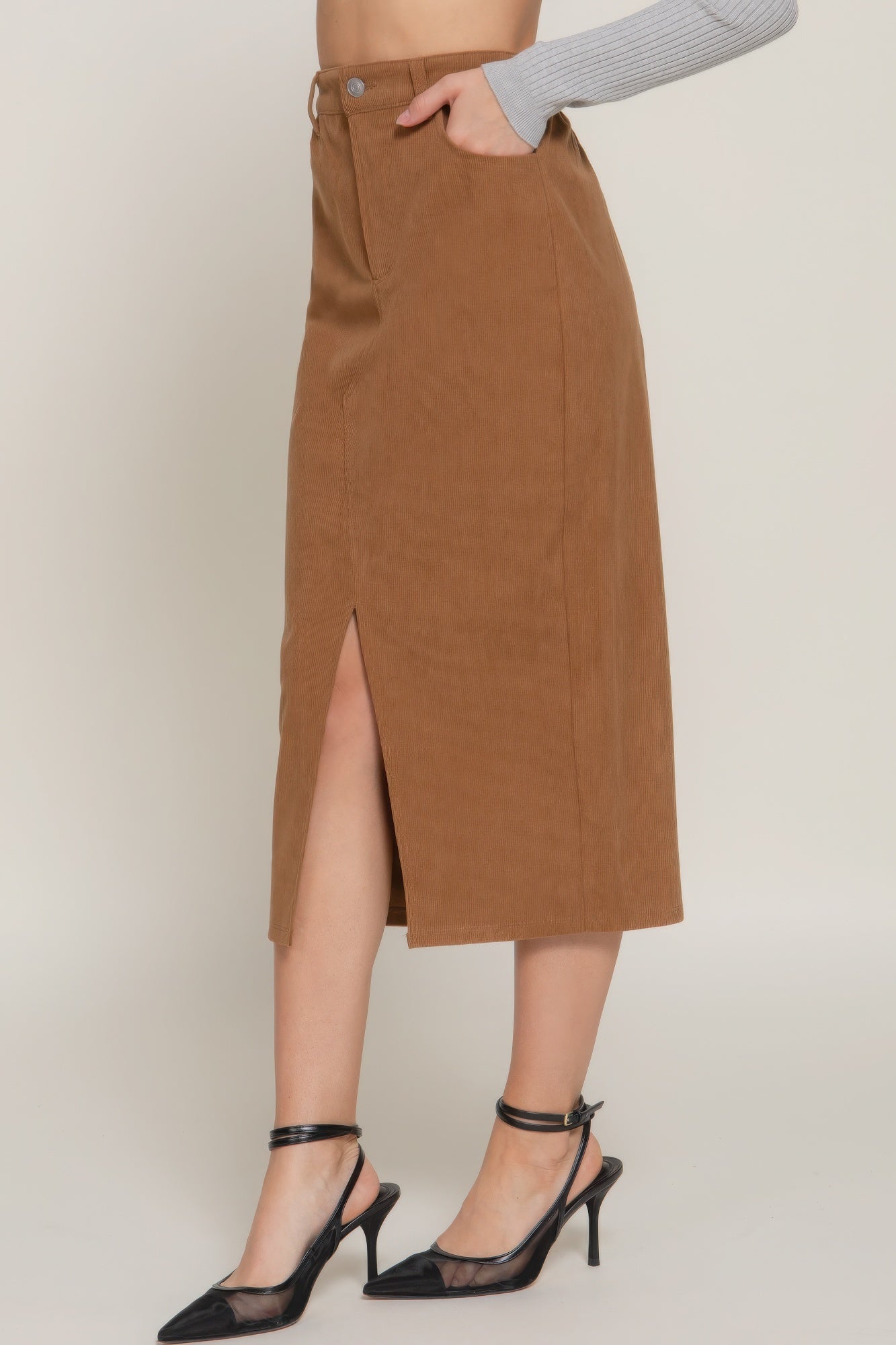 Open Slit Corduroy Midi Skirt